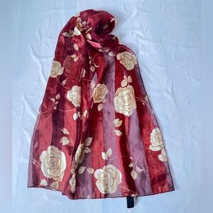 Vintage Sheer Floral Scarf Burgundy Rose Silky Striped Made in Korea 90s